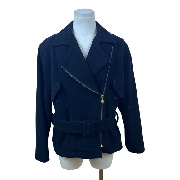 Classiques For Nordstrom Womens Black Wool Nylon Moto Jacket Belted Size M - Picture 1 of 7